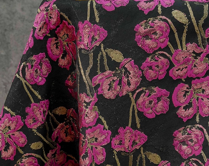Black Jacquard Brocade Fabric | Pink Floral Gold Thread, 65"W