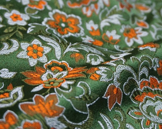 29"W Green orange Jacquard silk brocade Damask Fabric, drapery, Upholstery, Decor, Costume, Curtain, Handbag, Sewing/Fabric by the meter