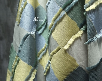 Plaid Patchwork Jacquard Fabric: Raw Edge Denim Style, 57" Wide