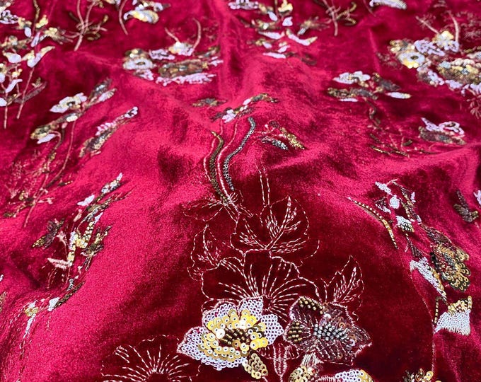 Beaded Sequin Velvet Fabric – Embroidered Floral Design, 49" Wide