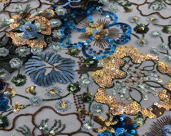 49"W Colorful Sequin Mesh Lace Embroidered Fabric for wedding prom Skirt, Shirt, Evening Dress & Cheongsam, see-through Soft Creative Fabric