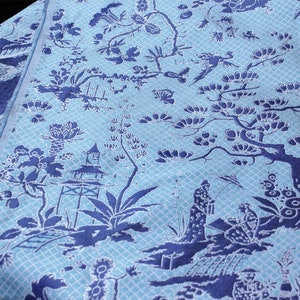 May include: Blue and white patterned fabric with a repeating design of trees, flowers, and a pagoda. The fabric has a subtle grid pattern.