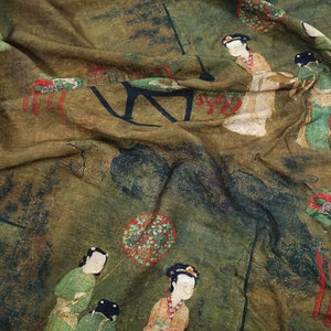 Chinoiserie Tencel-tyg på metervara: Asiatiska damer, sömnadsscen, heminredning bild 6