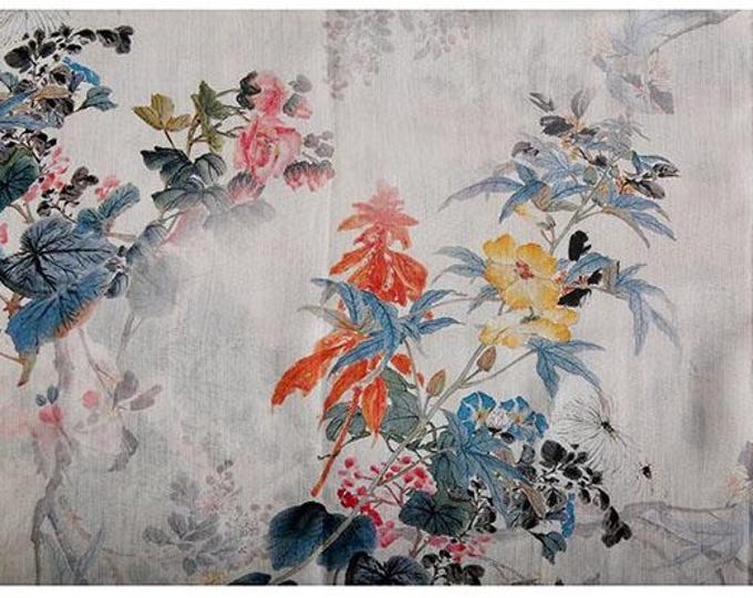 White Ancient ink painting printed pure Ramie Fabric, 57“W, Upholstery, Decor, Costume, Curtain, Handbag, Sewing, Scarf/Fabric by the meter