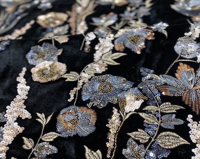 Embroidered Floral Velvet Fabric – Sequined & Beaded, 49" Wide