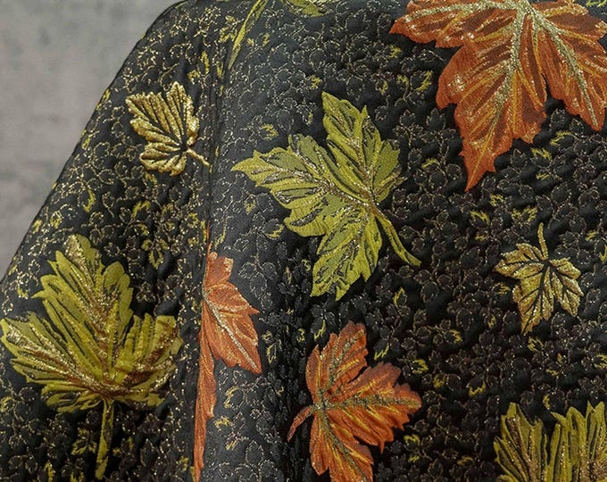 Vintage Brocade Jacquard Fabric with Embossed Maple Leaf & Gold Threads, Reversible Woven Fabric, 60"Wide