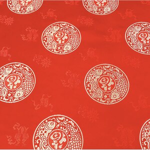 China Red Brocade Fabric: Two Fishes & Fu Design, 59&quot; Wide