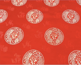 China Red Two Fishes and Fu Brocade Fabric, 59"W Brocade fabric, Wedding robe, cheongsam, spinning Fabric, silk, satin, and Sewing brocade