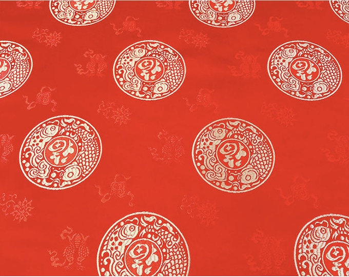 China Red Two Fishes and Fu Brocade Fabric, 59"W Brocade fabric, Wedding robe, cheongsam, spinning Fabric, silk, satin, and Sewing brocade