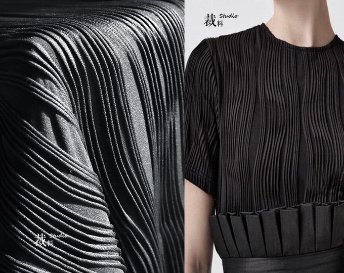 61"W Black corolla High-End 3D heavy texture fabric striped stretch cotton polyester creative clothing designer sewing fabric
