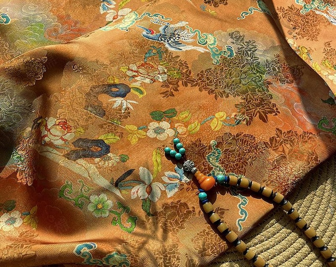Gold Brown Crane Pattern Xiangyunsha Fabric, Luxury Rayon Silk Damask, Traditional Jacquard Fabric for Sewing, Cheongsam, DIY Fashion, 59"W