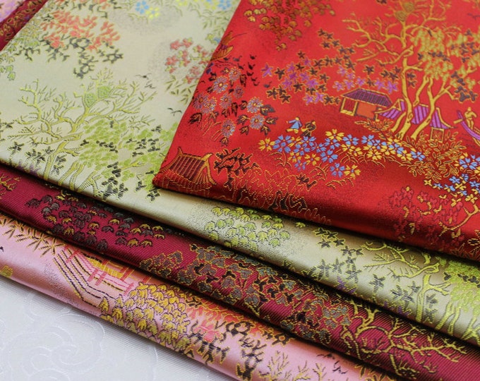 55"W Red and Gold Ancient Chinese Famous paintings pattern Silk Brocade - Chinese Painting Fabric By The Meter