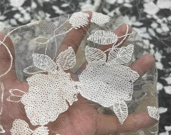 Peony Lace Tulle Fabric: Sequin Embroidery, DIY Wedding Gown Material