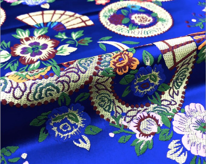 29.5"W Japanese-style belt Nishijin brocade gold 襕 fabric しだれ桜に Snow wheel fan silk brocade fabric by the meter, Upholstery and Sewing