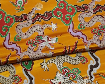 Gold Chinese Dragon Fabric: Silk Rayon Brocade, 29"W, Sewing Upholstery