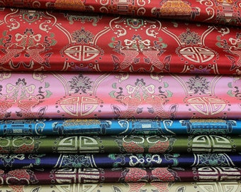 35“W Chinese Silk Brocade Fabric Pisces Double Fish Home Decor, Table cloth, bed runner, pillow case Cheongsam Fabric