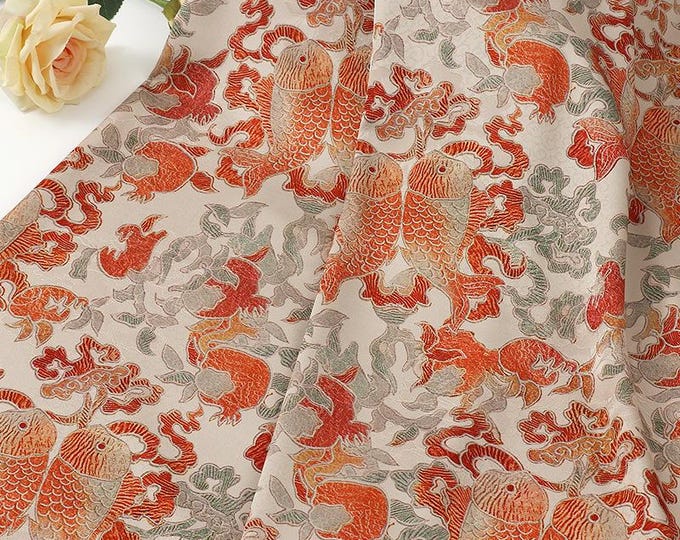 Double Fish Tea Silk Satin Fabric: 59"W Upholstery, Costume, Cheongsam