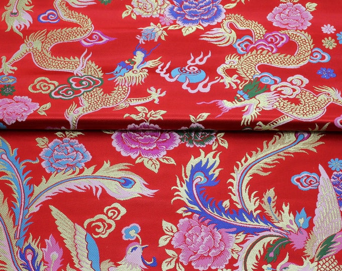Red Birds Fabric, Chinese Phoenix Jacquard Satin Fabric, Brocade Fabrics By The Meters, Home Decor Fabrics On SALE