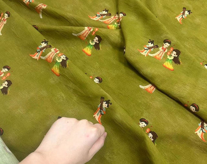 Avocado Green Tencel Ramie Printed Fabric, Oriental little maid, Sewing Fabric, Dress, Kimono, decor, Upholstery, Costume, bag, DIY, curtain