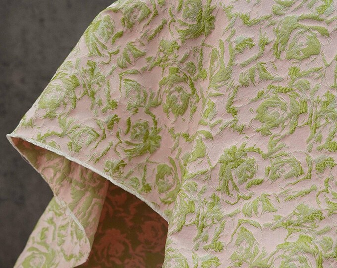 Green pink Gold thread Reversible jacquard woven fabric, 3D floral with embossed effect, Upholstery, Costume, Sewing, DIY fabric, 60"W