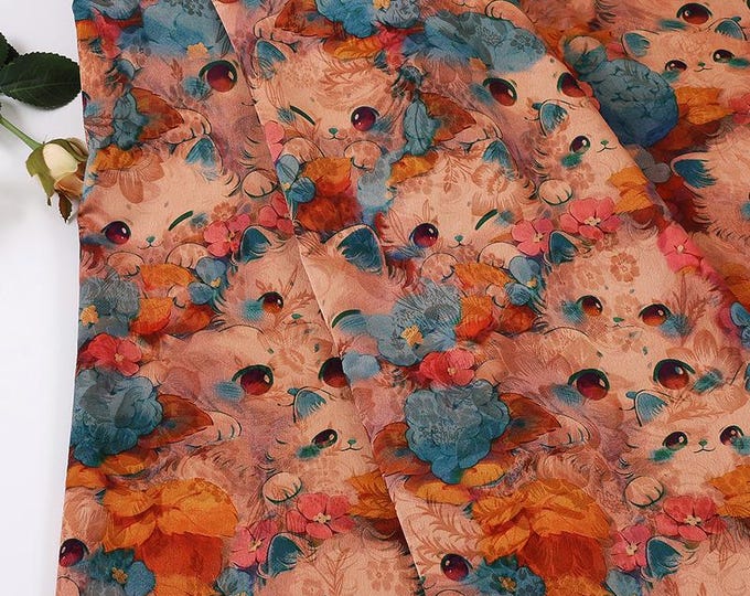 Cartoon Kitten Peony Print on Red Cloud Gauze Fabric – Fun & Playful Design, 59"Wide