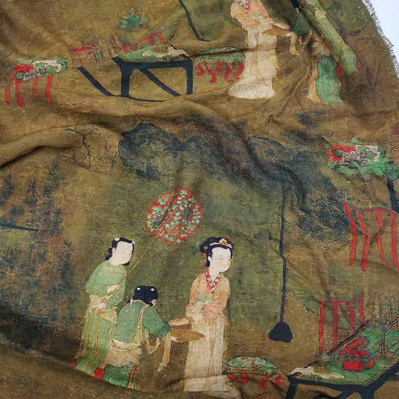 Chinoiserie Tencel-tyg på metervara: Asiatiska damer, sömnadsscen, heminredning bild 1