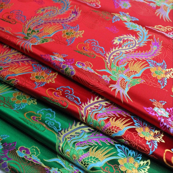 chinese silk dress fabric Phoenix Brocade Fabric: Chinese Cheongsam Wedding Dress Silk Satin