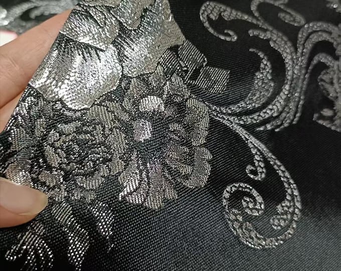 Black Jacquard Brocade Fabric: White Shimmer Floral Embossed, 59" Wide