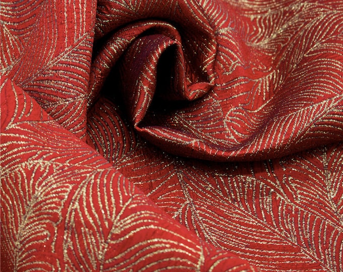 57"W China Red with Gold thread Metallic Leaves Fabric, Traditional Wedding Gown and dress Fabric, Upholstery, Quilting and Sewing fabric