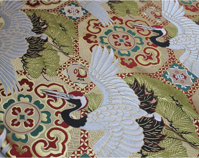 29.5"W Birds Fabric, Japanese Crane Jacquard Satin Fabric, Upholstery, Sewing, Decor, Costume/Fabric by the meter, vivid pale gold color