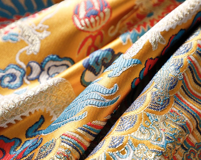 29.5"W Chinese Emperor Wedding Cheongsam Fabric, Dragon Damask pattern, Silk brocade Sewing fabric for dolls, decoration, DIY
