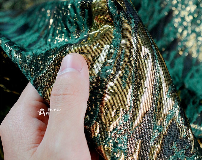 Medieval dark green gold texture shiny jacquard fabric, 3D oil painting, designer fabric, Upholstery, Prom & Sewing fabric, 56"W By 1 Meter