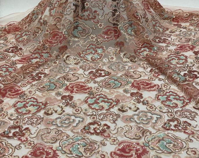 50"W Colorful Beautiful auspicious cloud sequin embroidery fabric, skirt, dress, Evening Dress & Cheongsam, see-through Soft Creative Fabric