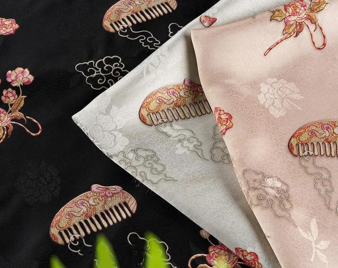 58"W Japanese pattern Lotus Tea silk satin fabric, rayon, Upholstery, Decor, Costume, Curtain, bag, Sewing, drapery, DIY, quilting/Fabric