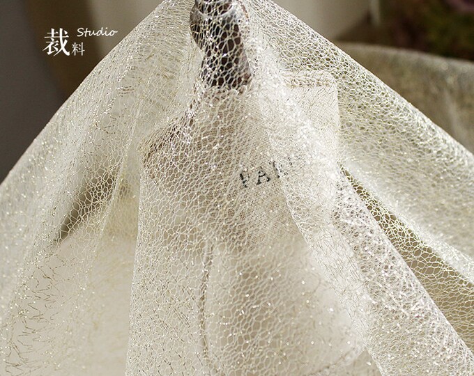 59"W mesh see-through Wedding Fabric, Irregular glitter Designer Sewing Fabric, high-density encryption elastic, Black and White, Sewing