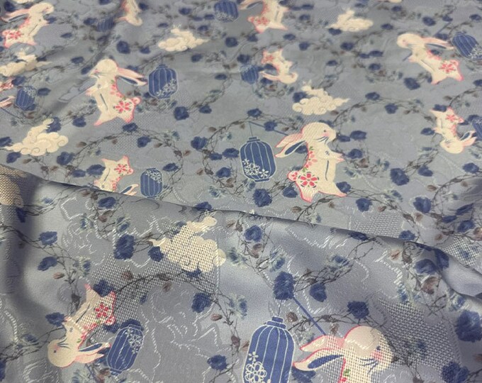 Blue Tencel Ramie Printed Fabric, Cute little rabbit, Sewing Fabric, Dress, Kimono, decor, Upholstery, Costume, bag, DIY, curtain, by meter