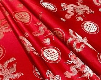35"W Silk Brocade Fabric Dragon fu xi Design, Wedding Fabric, China Red Fabric By 1 Meter on SALE, Upholstery, Quilting and Sewing fabric