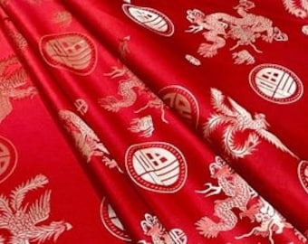 35"W Silk Brocade Fabric Dragon fu xi Design, Wedding Fabric, China Red Fabric By 1 Meter on SALE, Upholstery, Quilting and Sewing fabric