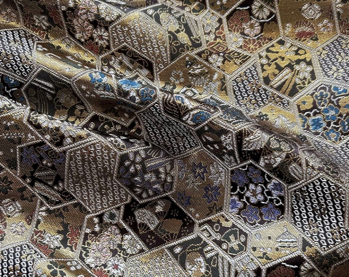 59"W Seal of Jutera Town fabric Japanese Nishijin weaving gold thread brocade fabric by the meter, 2 colors, Upholstery and Sewing fabric