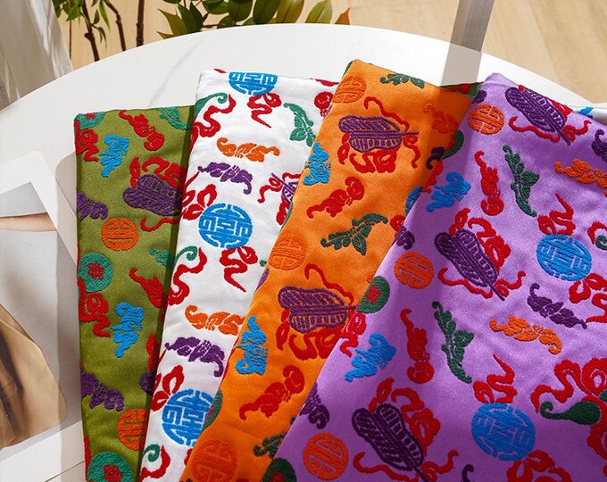 Chinese Traditional Multicolor Gourd Brocade Fabric – Vintage Zhangrong Satin Material， 59”Wide