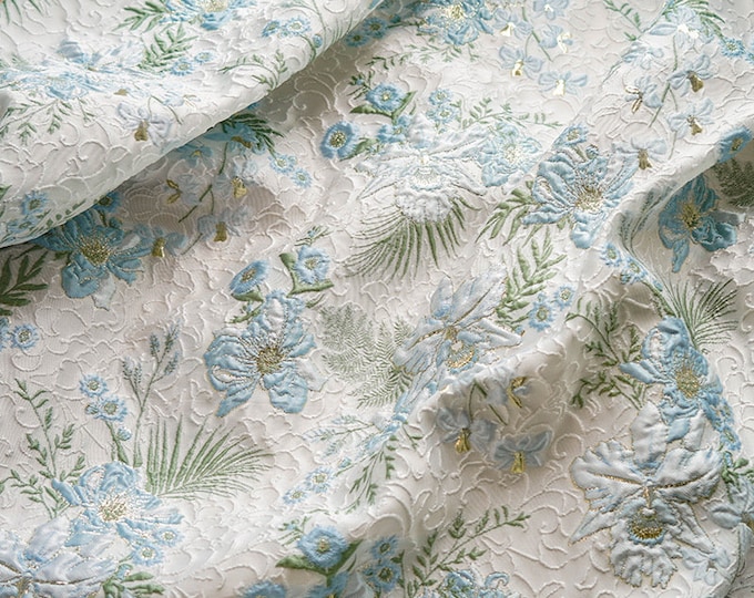 Gold thread jacquard fabric, 3D foil flower texture, designer fabric, 55"W, Upholstery, Decor, Costume, drapery, DIY/Fabric by the meter