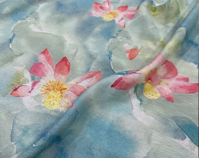Tencel Ramie Printed Fabric, lotus painting, Sewing Fabric, Dress, Kimono, decor, Upholstery, Costume, bag, DIY, curtain/ fabric, by 1 meter
