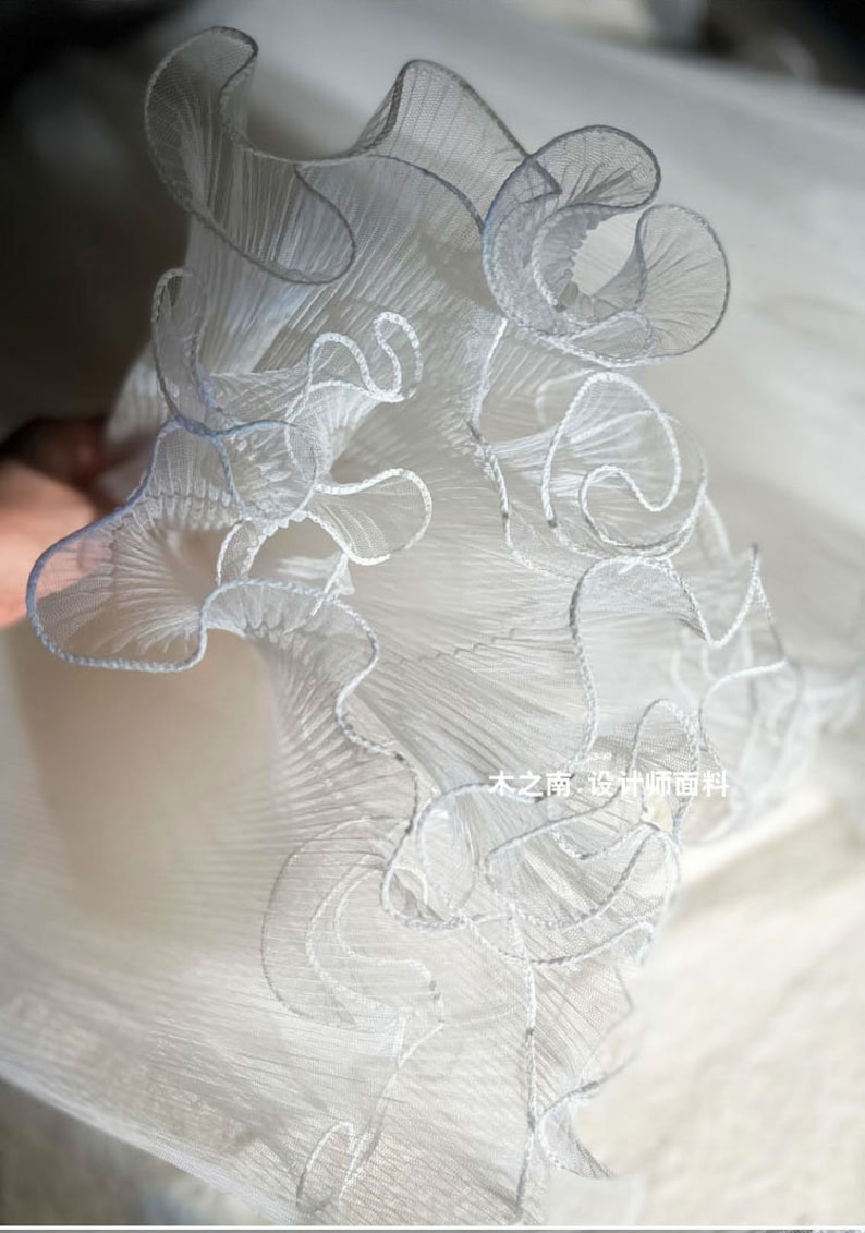 Subtle Ruffle White Pleated Ruffle Organza Fabric: 3D Folds, Stiff Texture, 20