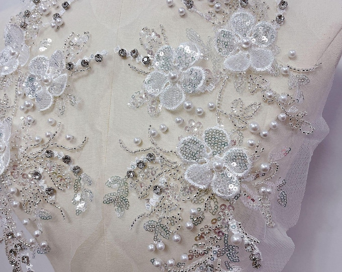 Luxury 15" Soft Embroidered Lace Trim – Bridal Wedding Veil, Light Ivory, By Pair, sequins wedding dress, headwear, shoes, DIY accessories