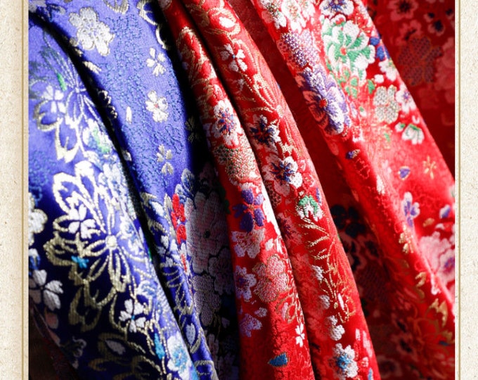 29.5” Width Japanese Fabric, Japanese Cherry Blossom Sakura Jacquard silk brocade by meter, Kimono, Yukata, Belt, Geisha Sewing Fabric