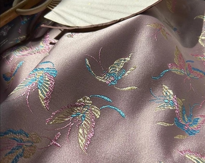 59"W China Pink Silk Brocade Butterfly Floral Chinese Traditional Wedding Jacquard fabric, Upholstery, drapery, Quilting and Sewing