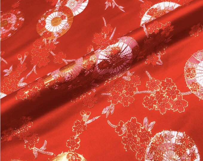 59"W Japanese Shiny Fabric, Traditional Umbrella Jacquard silk brocade by the meter Costume, Upholstery, Kimono, Yukata and Sewing fabric