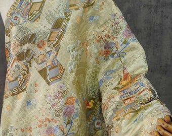 Gold Brocade Fabric – 'Pavilion Pagoda' Jacquard, Kimono Hanfu Material (58" Wide)
