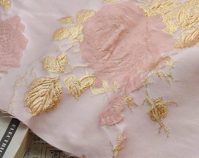 Luxury Jacquard Fabric – 3D Embossed Floral with Metallic Gold Accents, 58"Wide