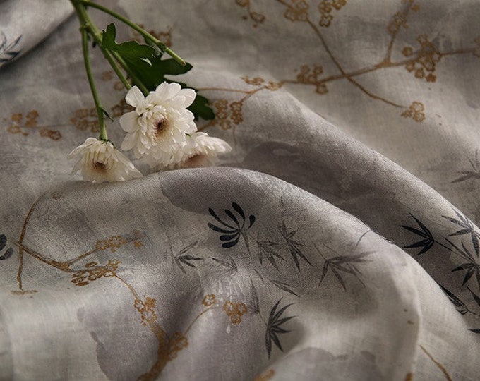 Light Gray Ancient bamboo printed pure Ramie Fabric, 57“W, Upholstery, Decor, Costume, Curtain, Handbag, Sewing, Scarf/Fabric by the meter